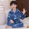 Pijama Quente de Outono e Inverno Espessa Forrada com Lã Coral Conjunto de Flanela Infantil Médio e Grande Roupas de Casa para Meninos e Meninas
