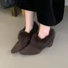 Sapatos Peludos de Salto Grosso com Bico Fino Versáteis de Moda Retrô para Mulheres, Novo Estilo Outono e Inverno 2026, Sapatos Elegantes de Algodão Pelúcia para Mulheres