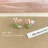 Pendientes de gota de aceite de tulipán frescos y dulces para mujer, Pendientes de botón de piedra ojo de gato de vidrio estilo Ab de diseño exclusivo con elementos florales