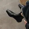 Nuevo estilo otoño e invierno, punta cuadrada pequeña, que aumenta la altura, piel de oveja de capa superior, adelgazante, botines versátiles, botines ajustados con cremallera trasera, zapatos de piel