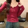 Deseo puro gris playera de clavícula con cuello en U para mujer hombro manga larga otoño e invierno corte ajustado dulce y picante cuello medio abierto versátil terciopelo camiseta básica