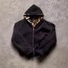 Sudadera con capucha y cremallera de estilo retro elegante, holgada y reversible para Otoño e Invierno Europeo y Americano, Estampado de Leopardo, Nuevo Estilo Transfronterizo