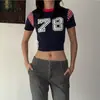 2025 Nuevo Verano Estilo Callejero Americano Impresión Digital Camiseta de Manga Corta en Contraste Tops Casuales Retro para Mujer