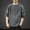 Nueva Camiseta Casual de Algodón Puro para Hombre 2025, Estilo Holgado Delgado, Tendencia Primavera y Otoño Marca Camisa Base Sudadera Cuello Henley