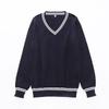 Suéter pullover infantil novo para Outono e Inverno, gola V, uniforme escolar primário e secundário, algodão, manga longa, azul marinho, suéter listrado duplo branco