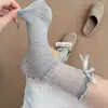 Meias novas de verão com laço, meias de cano médio com bordas plissadas de camada dupla, meias da moda estilo JK, meias longas com renda japonesa emendada