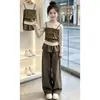 Conjunto estiloso de top de manga comprida com blocos de cores da moda e calça pantalona para meninas, para primavera e outono