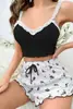 Estación Independiente Transfronteriza Conjunto de Shorts con Tirantes de Encaje Europeo y Americano Costilla Hueca Cómodo Elástico Casual Ropa de Casa para Mujer