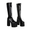 Botas Femininas Estilo Martin Europeias e Americanas Outono e Inverno, Tamanhos 35-46, Botas Femininas de Cano Alto em Couro Patente, Bico Redondo, Plataforma Impermeável, Salto Quadrado, Tamanho Grande para Venda Transfronteiriça