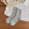 Calcetines Nuevos de Encaje Floral con Lazo de Media Pantorrilla para Mujer de Primavera y Verano, Calcetines Holgados Dulces con Botones Florales Estilo Escuela Japonesa