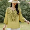 Top Estilo Chinês Feminino Algodão Linho Camisa Bordado Sete Mangas Decote V 2026 Verão Novo Top Pequeno