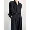 Camisa Preta Masculina Feminina 2026 Jovem Madura Botão Invisível Casual Design Risca de Giz Camisa de Manga Longa Solta
