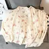 Nuevo conjunto de pijama de dos piezas para mujer estilo coreano de primavera y otoño, rayas blancas y negras vintage, cárdigan con cuello, manga larga, pantalón largo, conjunto casual para casa