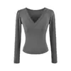 Camiseta de manga larga con escote en V profundo y corte bajo, puramente seductora para mujer, primavera y otoño, ajustada, adelgazante, top corto rosa