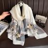 2024 Nuevo bufanda de seda artificial bordada para mujer, bufanda bordada versátil de primavera y otoño, bufanda larga decorativa delgada versátil elegante