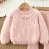 Conjunto de Suéter para Niña 2026 Nuevo Estilo Collar de Perlas de Colores Suéter de Punto Esponjoso Color Sólido Conjunto de Dos Piezas