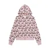 Sudadera con capucha y estampado integral de corazón y bigote estilo retro americano para mujer, otoño 2026, corte ajustado, chaqueta versátil con cremallera