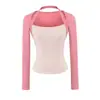 Camiseta de manga larga ajustada con retazos rosa melocotón, imitación de dos piezas, para mujer, otoño 2026, dopamina, chic americano, top de chica popular