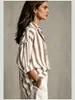 Camisa Feminina de Chiffon Plus Size Listrada Retro de Manga Longa, Novo Estilo Transfronteiriço Europeu e Americano, Solta, Estilo Férias, Camisa de Praia