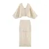 Moda Femenina 2026 Transfronterizo Europeo y Americano Tejido Patchwork Top Corto de Punto con Cuello en V Mangas Murciélago + Falda Recta de Cintura Alta Lote Pequeño
