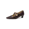 Sapatos Mary Jane Femininos Couro Bovino Tiras Cruzadas Salto Gatinho Estilo Francês Outono 2026 Salto Médio Robusto Bico Quadrado Couro Genuíno