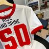 Playera de Manga Corta de Algodón Puro con Cuello Redondo Estampada Digitalmente Dulce y Cool Retro Americana con Bloques de Color para Mujer Verano Ins Versátil Look Adelgazante Top
