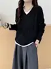 Suéter retro novo de outono e inverno para mulheres, estilo solto e simples, pulôver de tricô trançado com gola V e mangas compridas