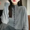 Suéter de punto de cuello medio para otoño e invierno para mujer, cárdigan de color liso, suéter abrigo holgado de manga larga, elegante y moderno