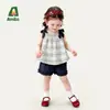 Ropa para Niños Amila 26 Nuevo Estilo de Verano Conjunto de Dos Piezas para Niñas con Tirantes de Lazo y Pantalones Cortos de Encaje, Lindo y Fresco