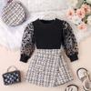 Roupas infantis europeias e americanas transfronteiriças outono meninas pequenas e médias meninas costura pit malha manga comprida pequena calças estilo perfumado saia chapéu terno