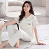 Conjunto de Pijama Feminino de Verão em Algodão Puro, Manga Curta, Calça Longa, com Sutiã Embutido, Fino, Toque Fresco, Pode Ser Usado Fora de Casa, Roupa Casual para Casa