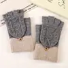 Guantes Nuevos para Estudiantes Cachemir Color Puro Medio Dedo con Solapa Pareja Tejido Jacquard Resistente al Frío Cálido Patrón Rayado Invierno
