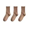 Meias de orelha de madeira femininas de primavera e verão finas de cor sólida meias cano alto preto e branco renda felpuda meias longas de algodão com mocassins