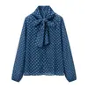 Comércio Exterior Atacado Verão Novo Moda Feminina Europeia e Americana Solta Simples Laço Bolinhas Manga Longa Camisa Top