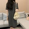 Vestido de Punto con Cuello Polo Rayado y Cremallera para Mujer Verano Estilo Coreano Holgado Dulce y Lindo Diseño Falda de Manga Corta