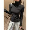 Camiseta feminina de manga comprida com gola alta e lixamento de pelo azul, outono e inverno, nova camisa com base interna espessada e forrada de lã, top pequeno