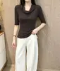Camiseta de manga tres cuartos 260g Lyocell lana para mujer, corte ajustado, top de cuello caído, suministro exclusivo mayorista de verano