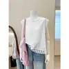 Top de moda branco com design jacquard e gola redonda, novo estilo verão 2026, estiloso, bonito, luxo leve, confortável, sem mangas, tecido escovado
