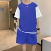 Traje Informal Deportivo de Dos Piezas Falsas de Waffle con Pantalones Cortos de Manga Corta Traje de Dos Piezas Moderno Atractivo para Hombre