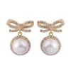 Brincos de Pérola em Forma de Laço Femininos Exquisitos Moda Luxo Leve Brincos de Trabalho Brincos com Sentido de Design Avançado Brincos com Zircônia