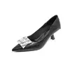 Zapatos de Mujer de Lujo de Nicho Estilo Francés Negros 2025 Nuevos Primavera, Otoño e Invierno Tacones Altos de Punta Aguda con Hebilla Cuadrada y Pedrería