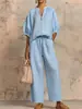 Ropa Europea y Americana Transfronteriza para Mujer 2026 Moda de Comercio Exterior Holgado Color Sólido Cuello Redondo Cremallera Cintura Elástica Pantalones de Pierna Ancha Conjunto Casual