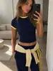 Camiseta de manga corta con cuello redondo y bloques de color, superventas transfronteriza europea y americana para mujer, corte ajustado, corta, estilo básico y diseñada para mostrar el abdomen