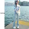 Jeans de Color Claro con Microdesgarros para Mujer 2024 Otoño e Invierno Pantalones Nuevos Pantalones de Cintura Alta Adelgazantes Pantalones de Campana Explosivos