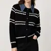 Suéter rayado de color bloque artístico versátil vintage, cárdigan de punto de un solo pecho con cuello de solapa de mezclilla, nuevo para otoño e invierno
