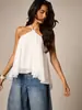 Top de gasa cruzado europeo y americano más vendido con cuello halter, espalda descubierta, para mujer, con corte holgado, dobladillo fruncido y diseño sin mangas inspirado en las vacaciones