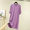 Novo Vestido de Verão Estilo Coreano 2024 para Mulheres, Comprimento Médio, Soltinho e Versátil, Manga Curta, Gola Redonda, Camisola, Saia de Cor Sólida para Mulheres
