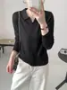 Suéter feminino de lã fina com lapela e botões, macio para primavera e outono, simples, delicado, liso e elegante, top de tricô para o trabalho