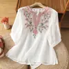 Camisa de Algodão e Linho Artística Bordada Pesada Vintage para Mulheres, Leve e Fresca para o Verão, Mangas Longas Soltas Emagrecedoras