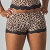 Pantaletas de Encaje Europeas y Americanas de Cintura Media Sexy Estampado de Leopardo de Encaje Hueco Alta Elasticidad Cómodas Deportivas Yoga Boxer Briefs Mujer